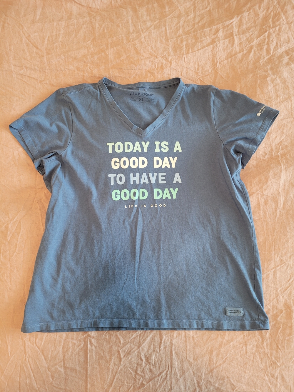 Life Is Good Blue Short Sleeve V-Neck Tee with Positive Graphic